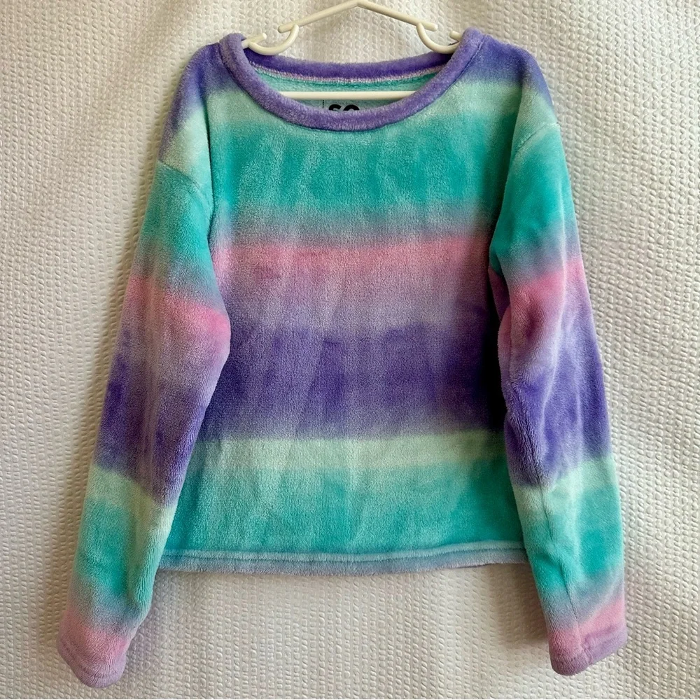 SO Girls Rainbow Stripe Plush Fleece Pajama Set Size 8 Purple Teal Pink Cozy